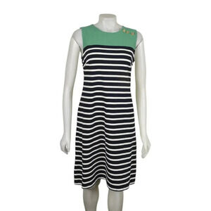 Land's End Striped Shift Dress Blue White Green Nautical Sleeveless Size Small